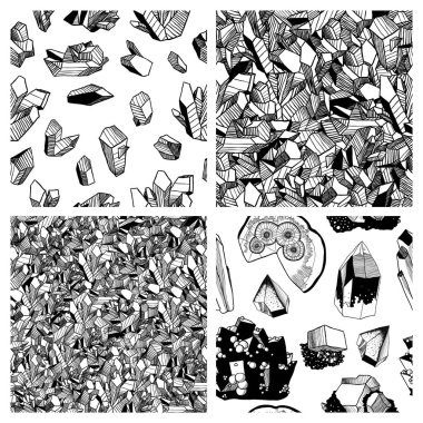 Mineraloji desenleri kümesi. Siyah ve beyaz kristaller ve mineraller. Kristaller ve minerallerle vektör Dikişsiz desen. Elle çizilmiş şekil. Poligonal arka plan el çekilmiş