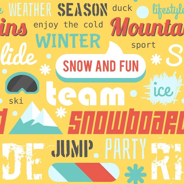 Sömlös vektor mönster med snowboard saker och ord, gul version. Platt stil: seamless mönster på temat snowboard och skidåkning. Snowboard mall för design. Snowboard vektor mönster — Stock vektor