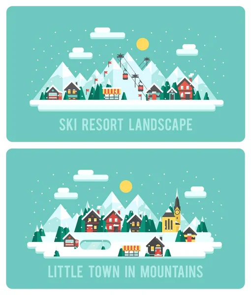 Snöiga landskap Ski Resort. Vektor Illustration natt i bergen. Platt Design Style vintern bakgrund — Stock vektor