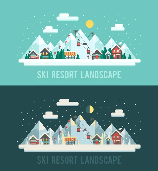 Ensemble de paysages hivernaux. Paysages des stations de ski. Jour et nuit dans les montagnes. Station de ski à illustration vectorielle. Style plat : sports d'hiver en montagne — Image vectorielle