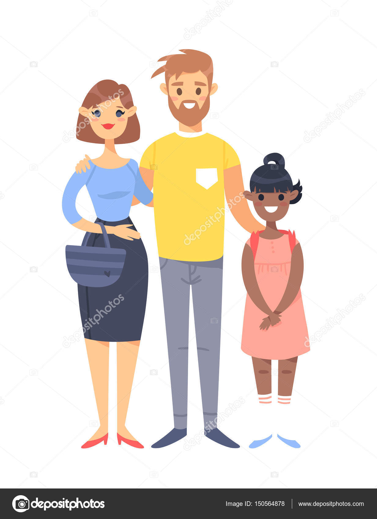 Casal jovem com filha. Mulher desenhada à mão, homem e menina negra  adotada. Família de ilustrações vetoriais de estilo plano. Personagens de  desenhos animados isolados no fundo branco Vetor de ©pomolchim 150564878, image size:1233x1700