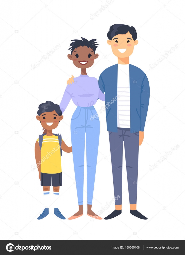 Image vectorielle Jeune couple avec fils. Femme noire dessinée à la main,  homme asiatique et son garçon. Famille d'illustrations vectorielles de  style plat. Personnages de bande dessinée isolés sur fond blanc par ©, image size:1233x1700