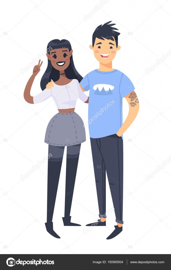 Young couple. Hand drawn black woman and asian man. Flat style vector  illustration family. Cartoon characters isolated on white background Stock  Vector Image by ©pomolchim #150565934