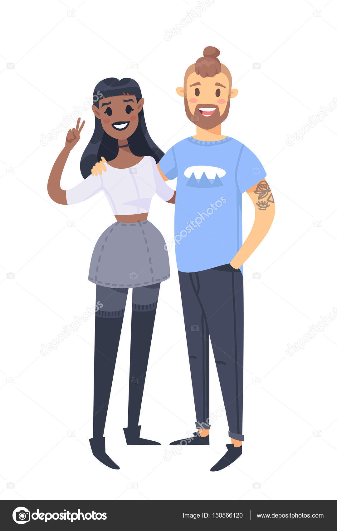 Jeune Couple La Main Dessinée Femme Noire Et Homme Blanc