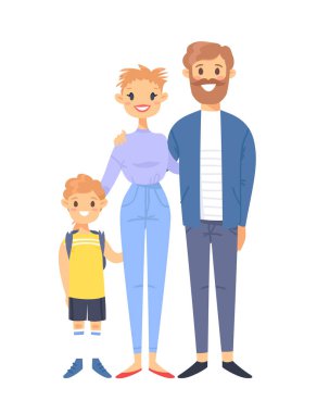 Genç oğlu ile çift. Elle çizilmiş kadın, erkek ve çocuk. Düz stil vektör çizim aile. Beyaz arka plan üzerinde izole çizgi film karakterleri