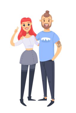 Genç bir çift. Elle çizilmiş kadın ve adam. Düz stil vektör çizim aile. Beyaz arka plan üzerinde izole çizgi film karakterleri