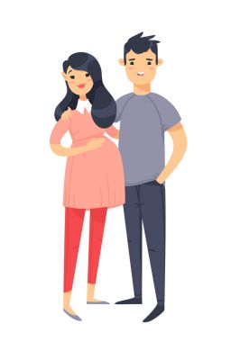 Genç bir çift. Elle çizilmiş Asya hamile kadın ve adam. Düz stil vektör çizim aile. Beyaz arka plan üzerinde izole çizgi film karakterleri