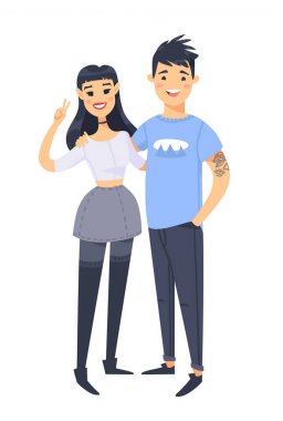 Genç bir çift. Elle çizilmiş Asyalı kadın ve adam. Düz stil vektör çizim aile. Beyaz arka plan üzerinde izole çizgi film karakterleri