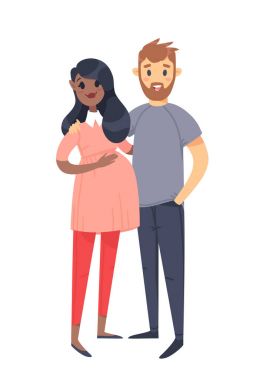 Genç bir çift. El siyah hamile kadın ve beyaz adam çekilmiş. Düz stil vektör çizim aile. Beyaz arka plan üzerinde izole çizgi film karakterleri
