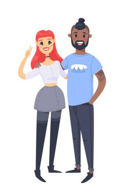 Genç bir çift. El beyaz ve siyah adam çekilmiş. Düz stil vektör çizim aile. Beyaz arka plan üzerinde izole çizgi film karakterleri