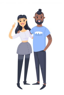 Genç bir çift. Elle çizilmiş Asyalı kadın ve zenci. Düz stil vektör çizim aile. Beyaz arka plan üzerinde izole çizgi film karakterleri