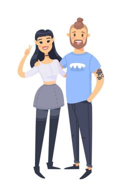 Genç bir çift. Elle çizilmiş Asyalı kadın ve beyaz adam. Düz stil vektör çizim aile. Beyaz arka plan üzerinde izole çizgi film karakterleri