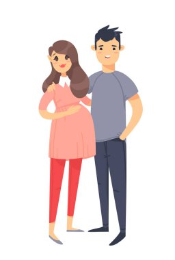 Genç bir çift. El beyaz hamile kadın ve Asya adam çekilmiş. Düz stil vektör çizim aile. Beyaz arka plan üzerinde izole çizgi film karakterleri