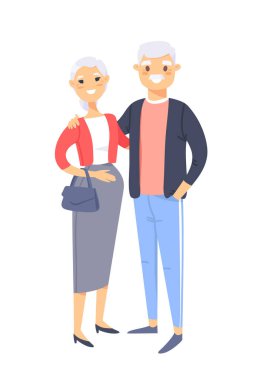 Yaşlı çift. Elle çizilmiş Asyalı kadın ve beyaz adam. Düz stil vektör çizim aile. Beyaz arka plan üzerinde izole çizgi film karakterleri