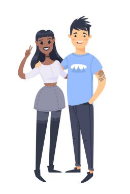 Genç bir çift. El siyah kadın ve Asya adam çekilmiş. Düz stil vektör çizim aile. Beyaz arka plan üzerinde izole çizgi film karakterleri