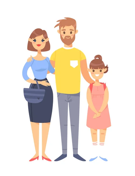 Young couple with daughter. Hand drawn woman, man and girl. Flat style vector illustration family. Cartoon characters isolated on white background — Stock Vector