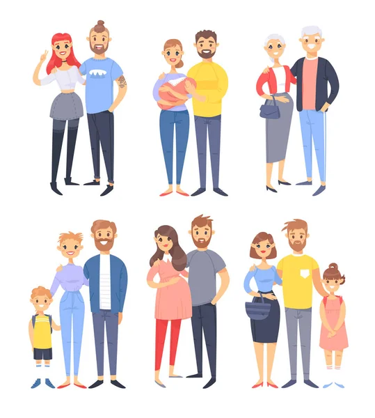 Ensemble de différents couples et familles. Dessins animés de différents âges (jeunes et personnes âgées), avec bébé, garçon, fille, femme enceinte — Image vectorielle