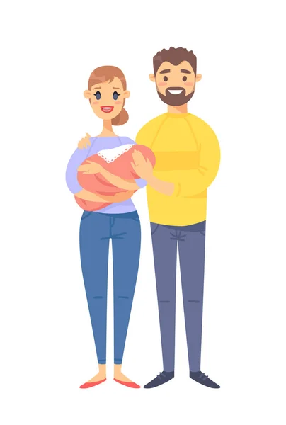 Young couple with baby. Hand drawn woman, man and child. Flat style vector illustration family. Cartoon characters isolated on white background — Stock Vector