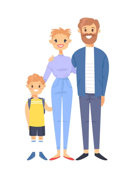 Pareja joven con hijo. Mujer dibujada a mano, hombre y niño. Estilo plano familia de ilustración vectorial. Personajes de dibujos animados aislados sobre fondo blanco — Vector de stock