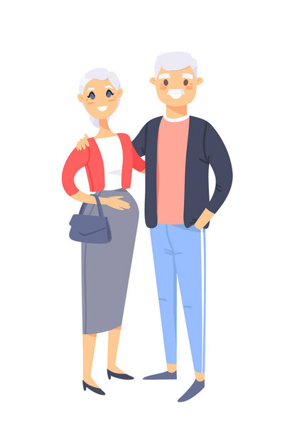Пожилая пара. Ручная рисованная женщина и мужчина. Семейство векторных иллюстраций плоского стиля. Мультфильм символов изолированы на белом фоне
