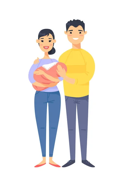 Joven pareja asiática con bebé. Mujer dibujada a mano, hombre y niño. Estilo plano familia de ilustración vectorial. Personajes de dibujos animados aislados sobre fondo blanco — Vector de stock