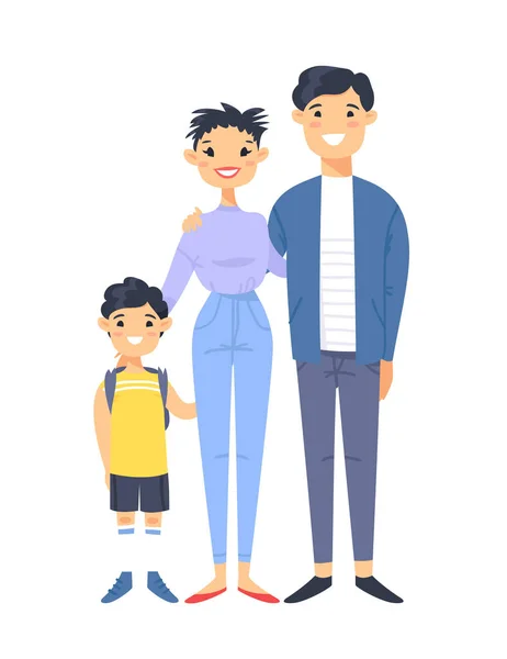 Young couple with son. Hand drawn asian woman, man and boy. Flat style vector illustration family. Cartoon characters isolated on white background — Stock Vector