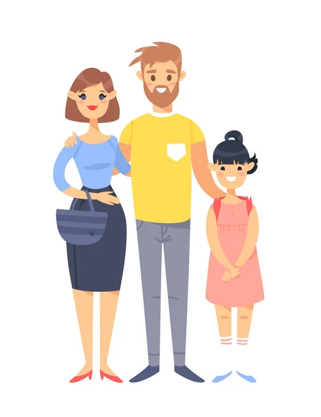 Young couple with daughter. Hand drawn woman, man and adopted asian girl. Flat style vector illustration family. Cartoon characters isolated on white background — Stock Vector