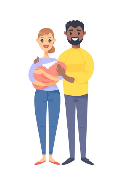 Young couple with baby. Hand drawn white woman and black man. Flat style vector illustration family. Cartoon characters isolated on white background — Stock Vector