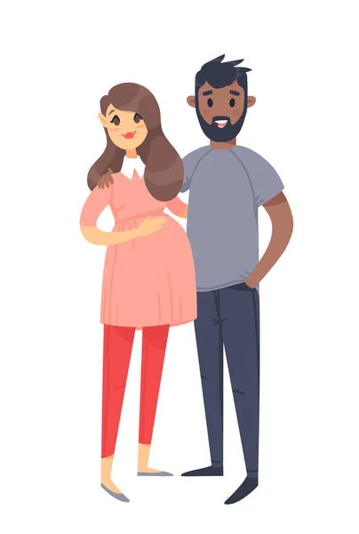 Casal jovem. Mulher grávida branca desenhada à mão e homem negro. Família de ilustrações vetoriais de estilo plano. Personagens de desenhos animados isolados no fundo branco — Vetor de Stock