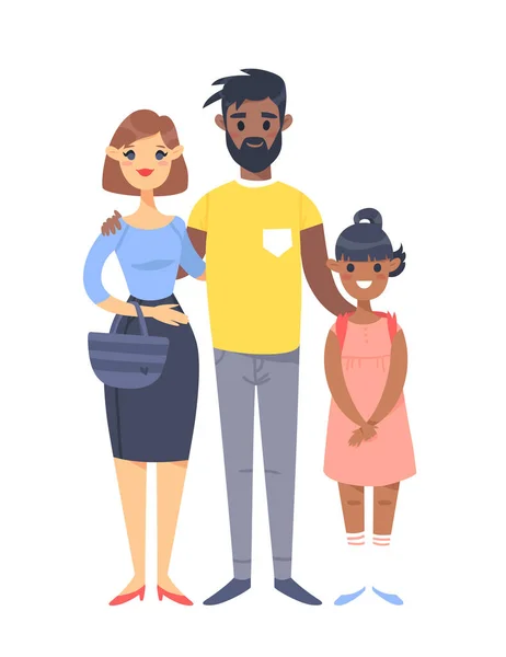 Young couple with daughter. Hand drawn white woman, black man and girl. Flat style vector illustration family. Cartoon characters isolated on white background — Stock Vector