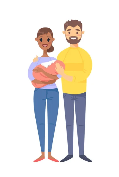 若いカップルの赤ちゃん。手には、黒人女性、白人男性と子が描かれました。フラット スタイルのベクトル図の家族。白い背景で隔離の漫画のキャラクター — ストックベクタ