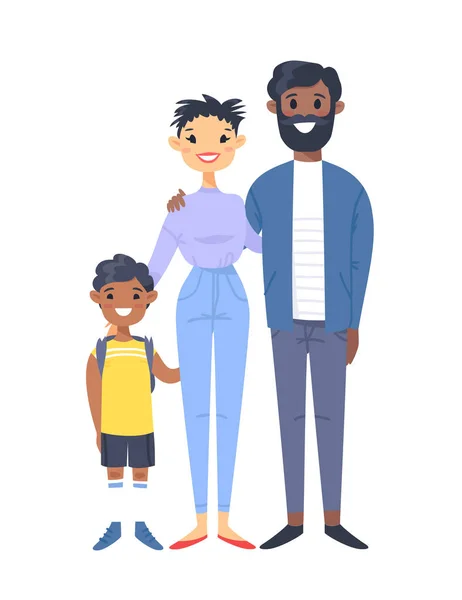 Young couple with son. Hand drawn asian woman, black man and his boy. Flat style vector illustration family. Cartoon characters isolated on white background — Stock Vector