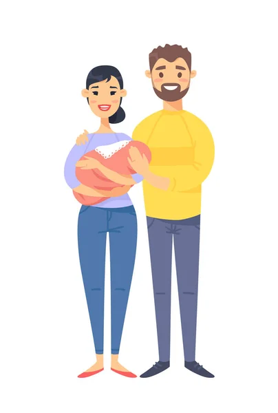 Young couple with baby. Hand drawn asian woman and white man. Flat style vector illustration family. Cartoon characters isolated on white background — Stock Vector