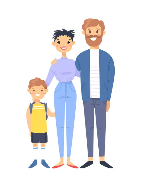 Young couple with son. Hand drawn asian woman, white man and boy. Flat style vector illustration family. Cartoon characters isolated on white background — Stock Vector