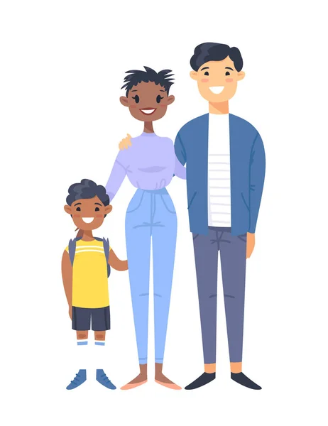 Young couple with son. Hand drawn black woman,asian man and his boy. Flat style vector illustration family. Cartoon characters isolated on white background — Stock Vector