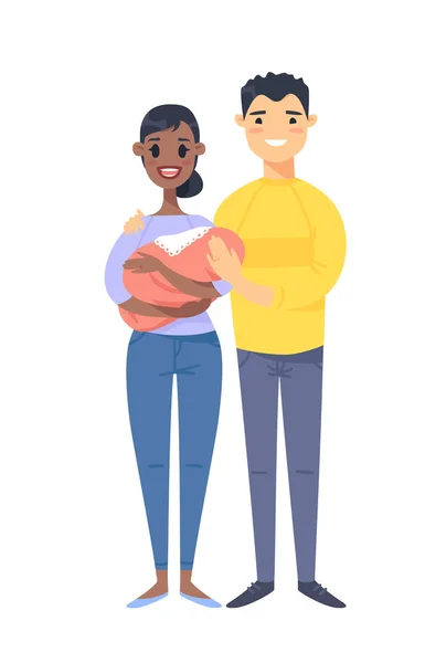 Young couple with baby. Hand drawn black woman, asian man and child. Flat style vector illustration family. Cartoon characters isolated on white background — Stock Vector