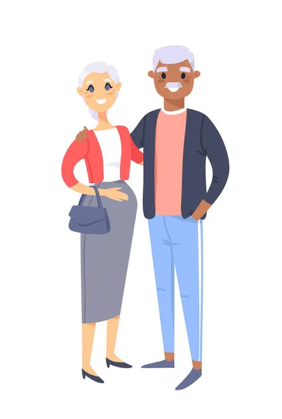 Casal de idosos. Mulher branca desenhada à mão e homem negro. Família de ilustrações vetoriais de estilo plano. Personagens de desenhos animados isolados no fundo branco — Vetor de Stock