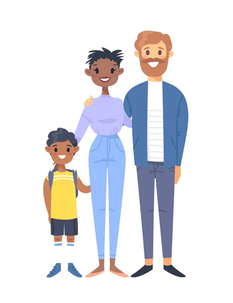 Young couple with son. Hand drawn black woman, white man and his boy. Flat style vector illustration family. Cartoon characters isolated on white background — Stock Vector