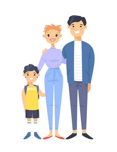 Pareja joven con hijo. Mujer blanca dibujada a mano, hombre asiático y su hijo. Estilo plano familia de ilustración vectorial. Personajes de dibujos animados aislados sobre fondo blanco — Vector de stock