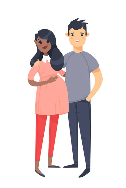 Una pareja joven. Mano dibujado negro embarazada mujer y asiático hombre. Estilo plano familia de ilustración vectorial. Personajes de dibujos animados aislados sobre fondo blanco — Archivo Imágenes Vectoriales