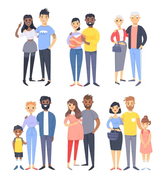 Conjunto de diferentes parejas y familias. Estilo de dibujos animados personas de diferentes razas, nacionalidades (blanco, negro y asiático), edades (jóvenes y ancianos), con bebé, niño, niña, mujer embarazada — Vector de stock