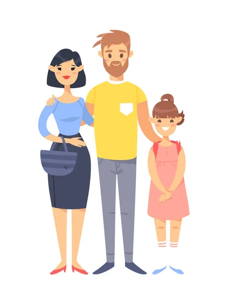 Pareja joven con hija. Dibujado a mano mujer asiática, hombre blanco y chica. Estilo plano familia de ilustración vectorial. Personajes de dibujos animados aislados sobre fondo blanco — Vector de stock