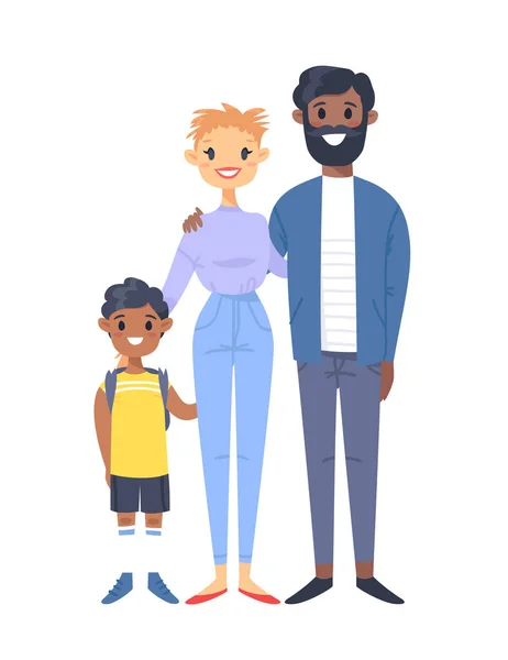 Casal jovem com filho. Mulher branca desenhada à mão, homem negro e o seu filho. Família de ilustrações vetoriais de estilo plano. Personagens de desenhos animados isolados no fundo branco —  Vetores de Stock