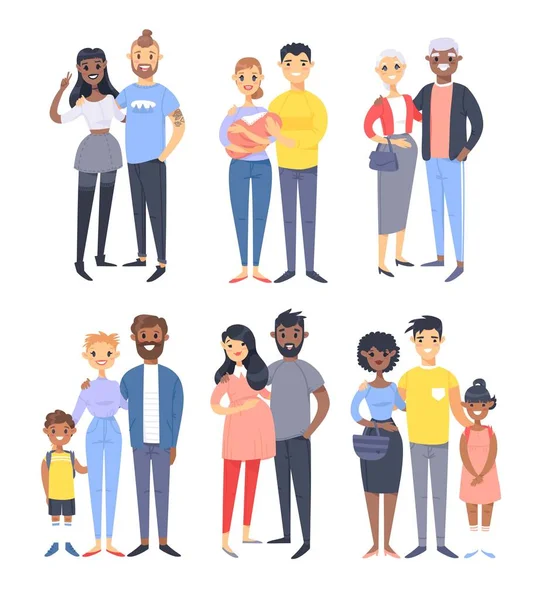 Set of different couples and families. Cartoon style people of different races, nationalities (white, black and asian), ages (young and elderly), with baby, boy, girl, pregnant woman — Stock Vector