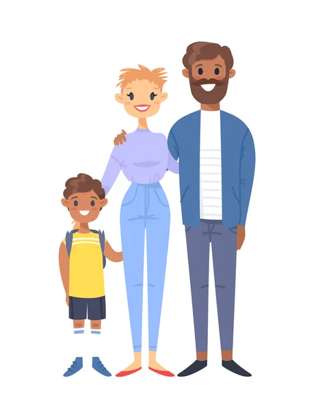 Young couple with son. Hand drawn white woman, black man and boy. Flat style vector illustration family. Cartoon characters isolated on white background — Stock Vector