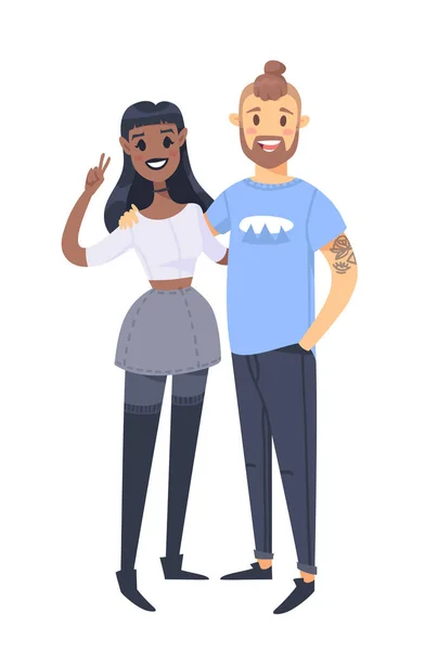 Casal jovem. Mulher negra desenhada à mão e homem branco. Família de ilustrações vetoriais de estilo plano. Personagens de desenhos animados isolados no fundo branco — Vetor de Stock