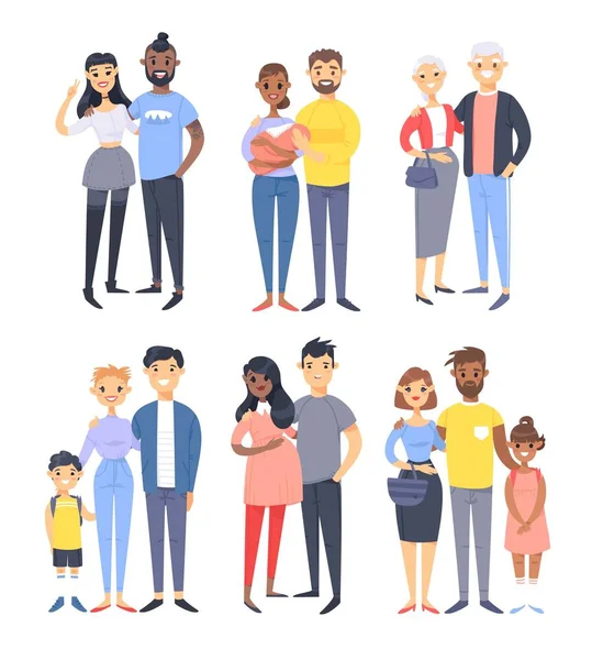 Conjunto de diferentes parejas y familias. Estilo de dibujos animados personas de diferentes razas, nacionalidades (blanco, negro y asiático), edades (jóvenes y ancianos), con bebé, niño, niña, mujer embarazada — Vector de stock