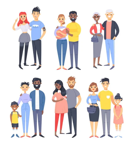 Conjunto de diferentes parejas y familias. Estilo de dibujos animados personas de diferentes razas, nacionalidades (blanco, negro y asiático), edades (jóvenes y ancianos), con bebé, niño, niña, mujer embarazada — Vector de stock