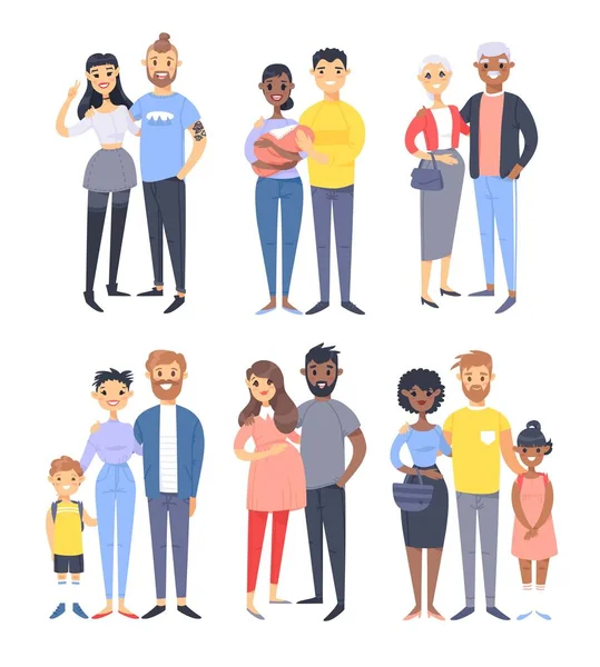 Conjunto de diferentes parejas y familias. Estilo de dibujos animados personas de diferentes razas, nacionalidades (blanco, negro y asiático), edades (jóvenes y ancianos), con bebé, niño, niña, mujer embarazada — Vector de stock