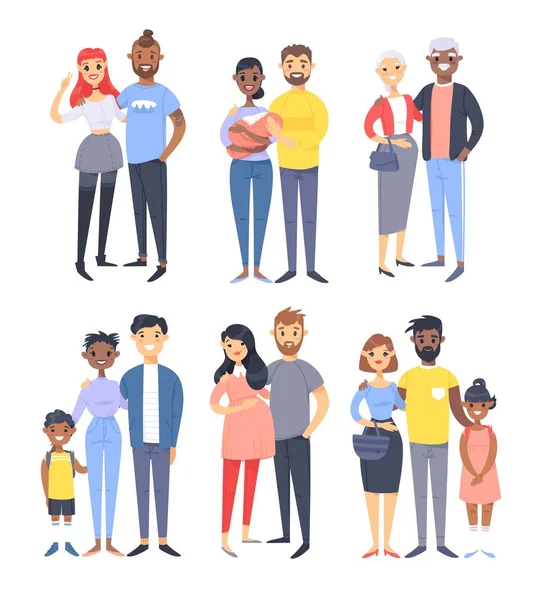 Farklı çiftler ve aileler kümesi. Karikatür tarzı insanlar farklı ırkların milletlerden (beyaz, siyah ve Asya), Yaş (genç ve yaşlı) ile küçük, çocuk, kız, hamile kadın